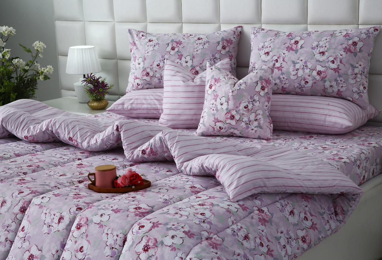8 PCs Winter Razai Set-Lilac Flowers Comforters Apricot