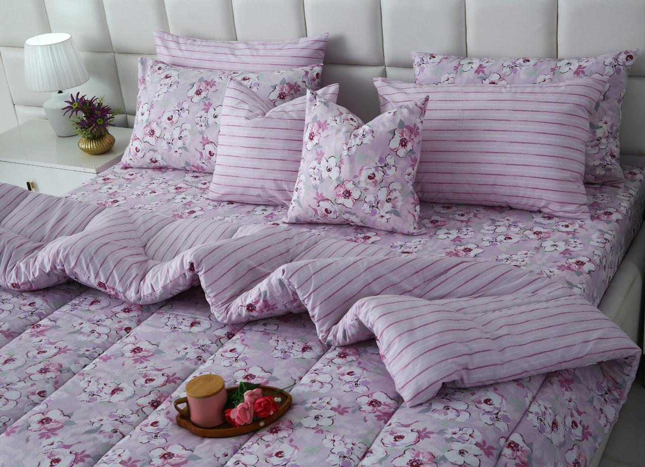 8 PCs Winter Razai Set-Lilac Flowers Comforters Apricot