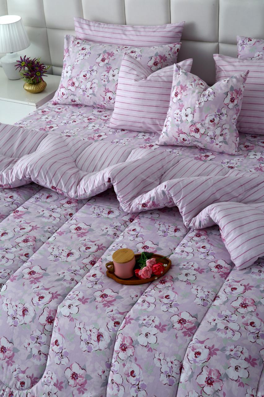 8 PCs Winter Razai Set-Lilac Flowers Comforters Apricot