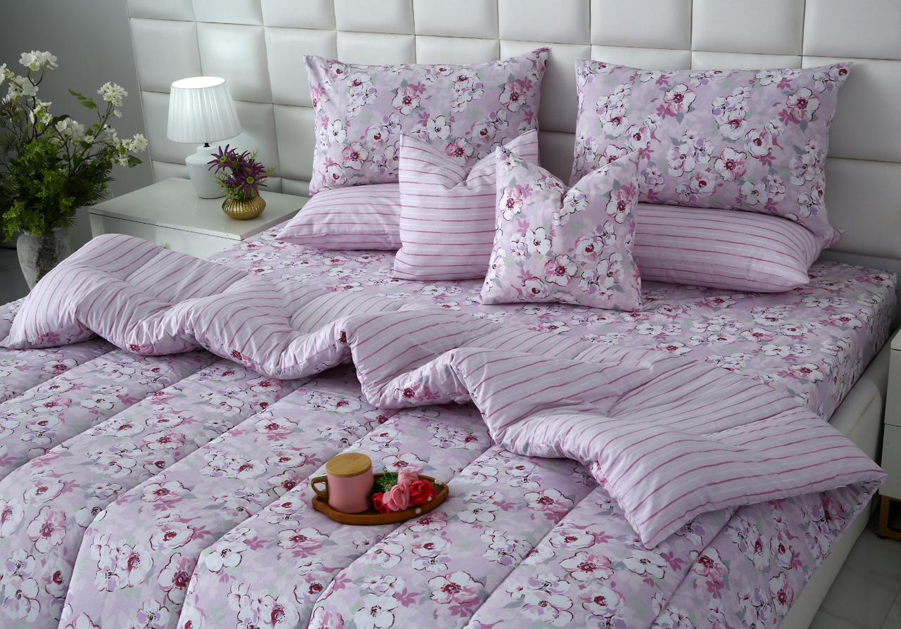 8 PCs Winter Razai Set-Lilac Flowers Comforters Apricot