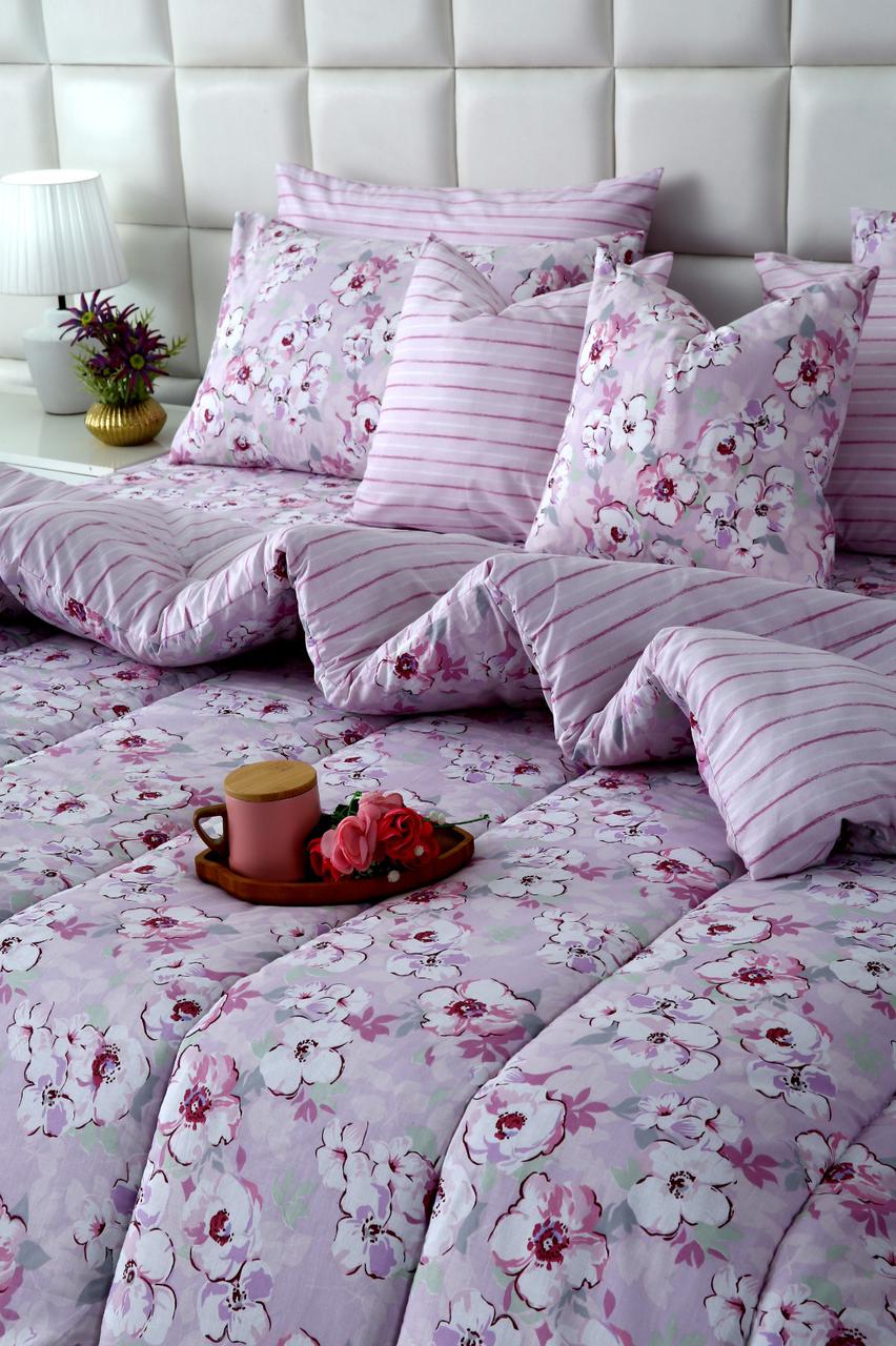 8 PCs Winter Razai Set-Lilac Flowers Comforters Apricot