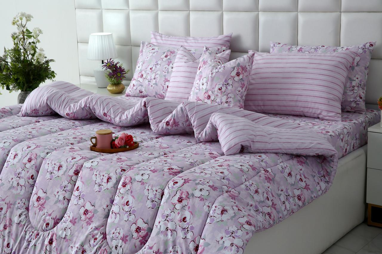 8 PCs Winter Razai Set-Lilac Flowers Comforters Apricot