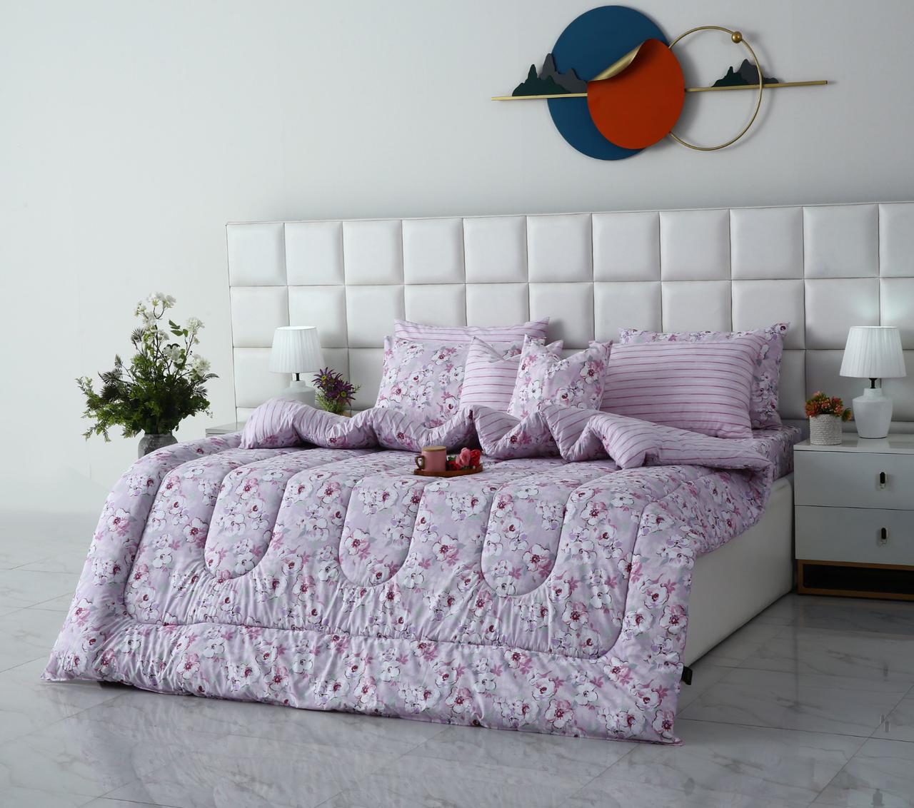 8 PCs Winter Razai Set-Lilac Flowers Comforters Apricot