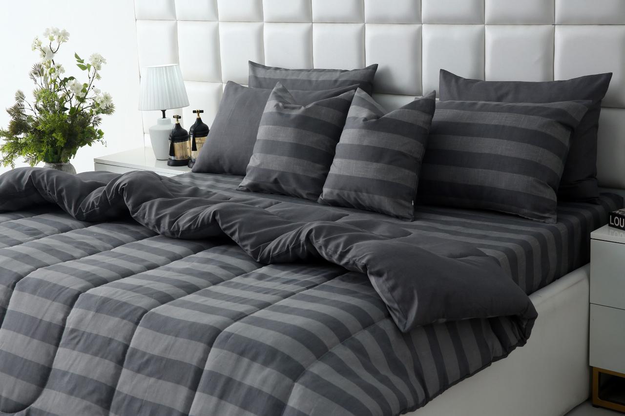 8 PCs Winter Razai Set-Charcoal Stripes Comforters Apricot