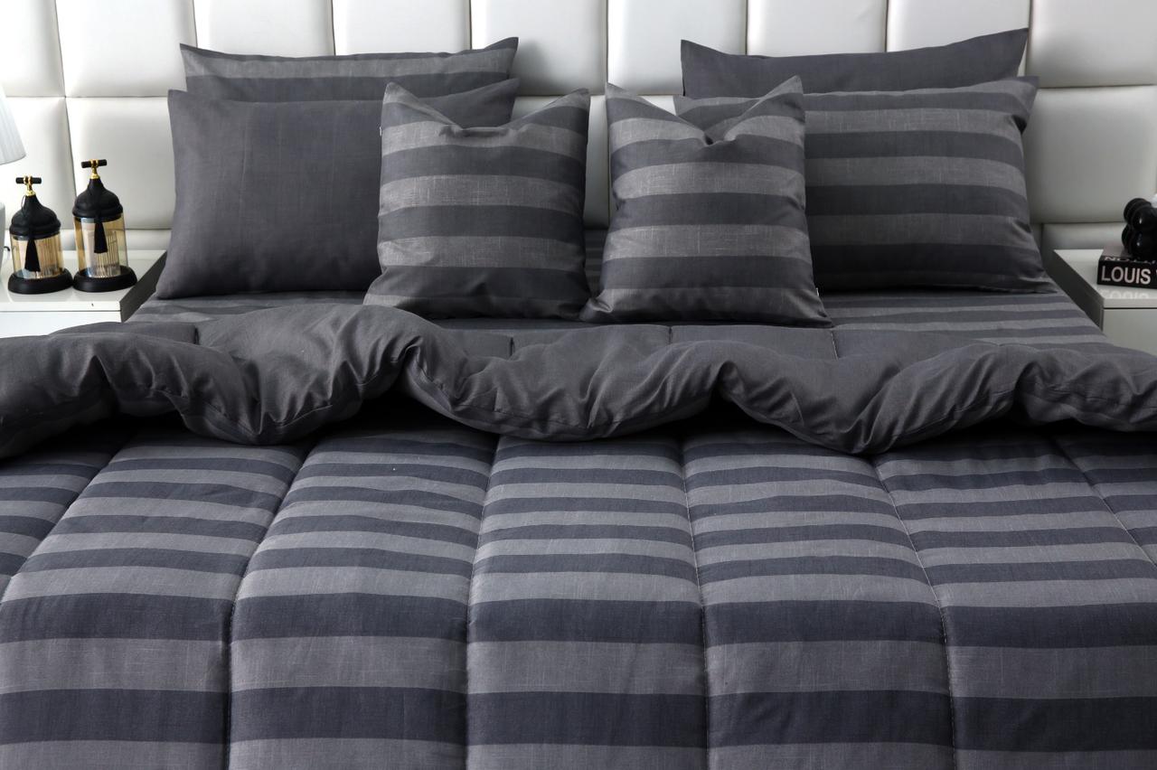 8 PCs Winter Razai Set-Charcoal Stripes Comforters Apricot