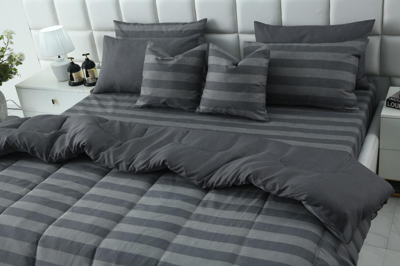 8 PCs Winter Razai Set-Charcoal Stripes Comforters Apricot