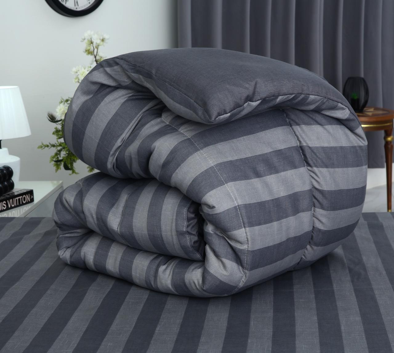 8 PCs Winter Razai Set-Charcoal Stripes Comforters Apricot