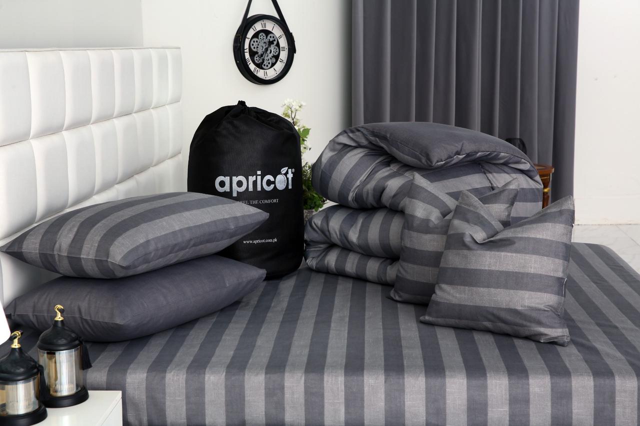 8 PCs Winter Razai Set-Charcoal Stripes Comforters Apricot