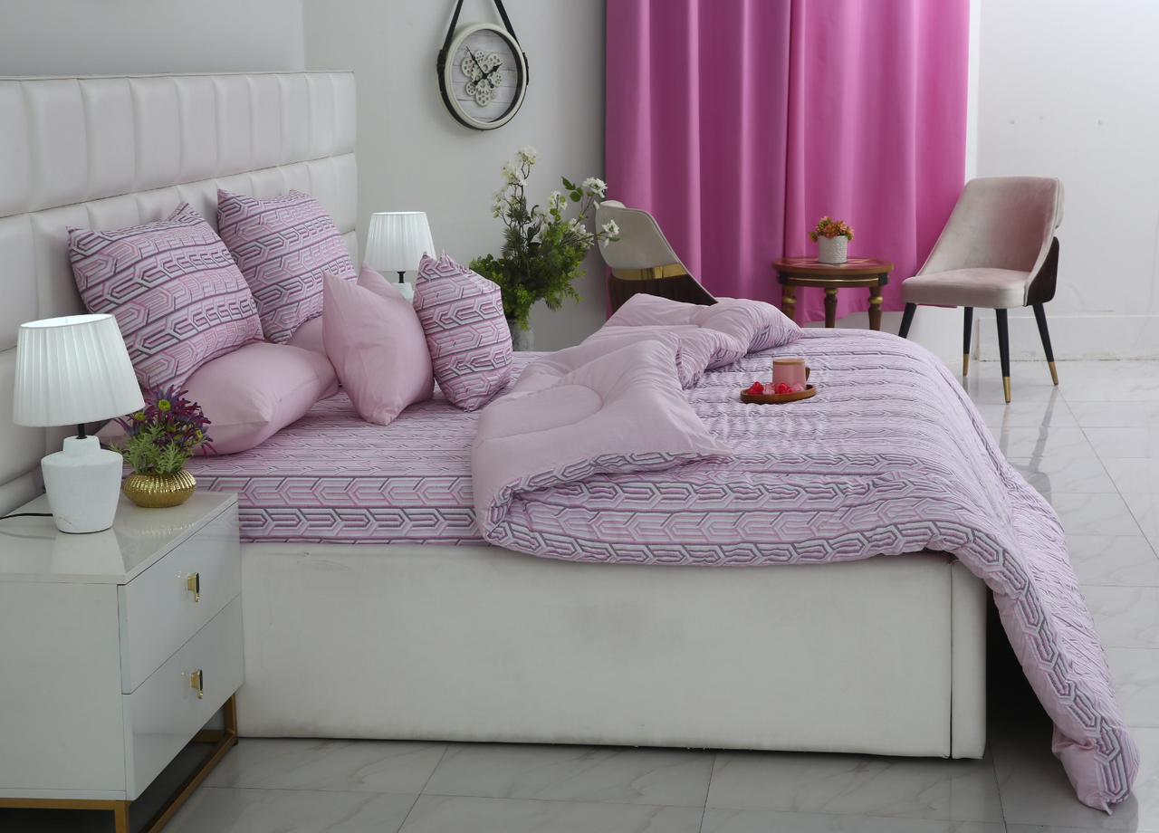 8 PCs Winter Razai Set-Lilac Shapes Comforters Apricot