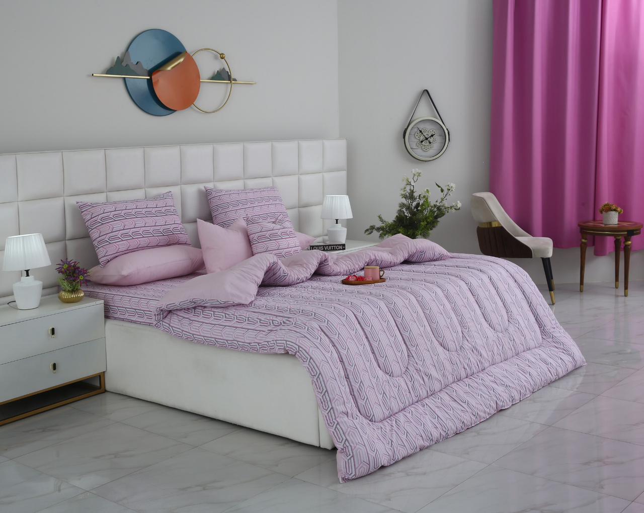 8 PCs Winter Razai Set-Lilac Shapes Comforters Apricot