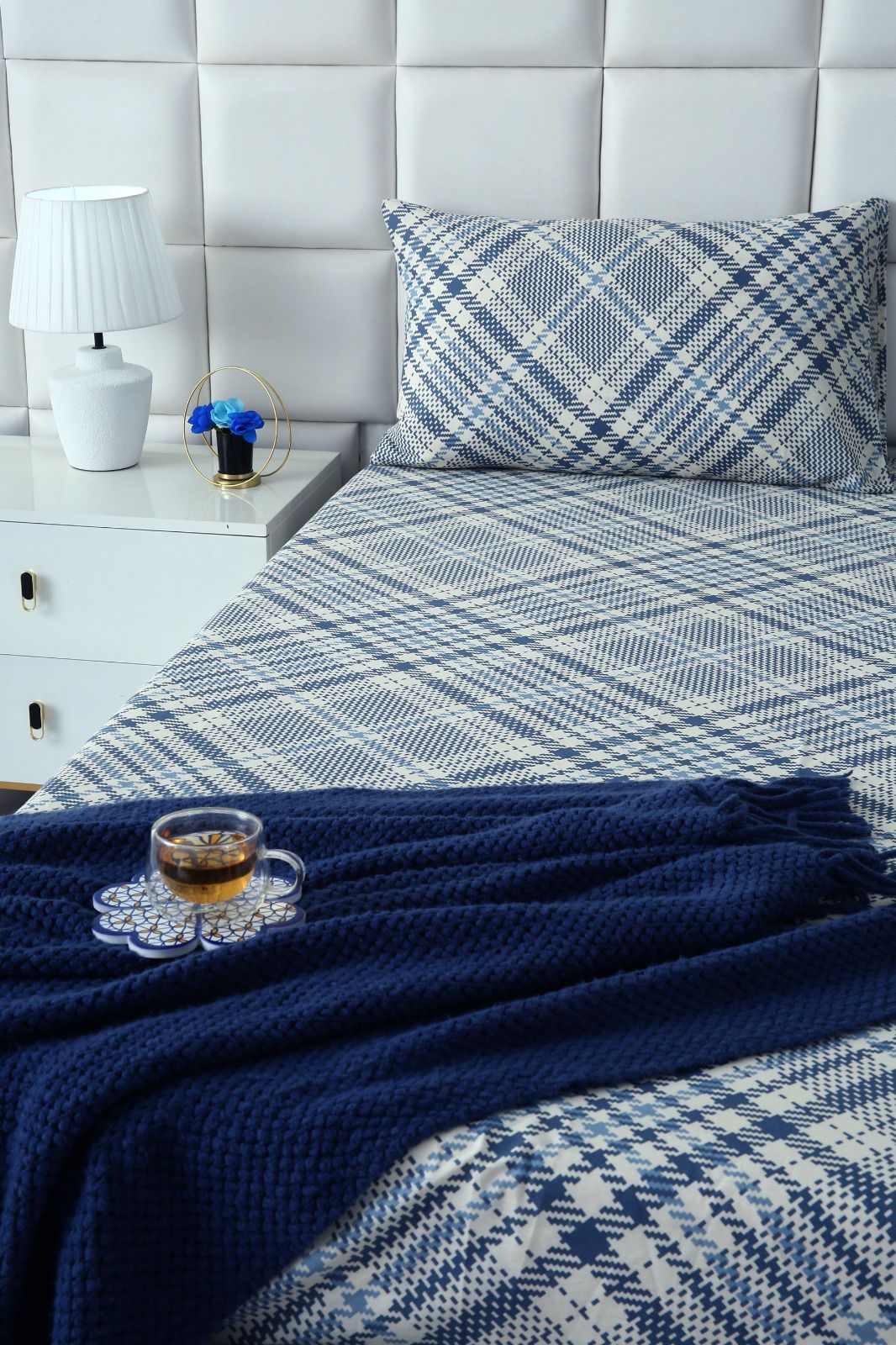 Fitted Bed Sheet-Blue Check(NEW) Fitted Sheets Apricot