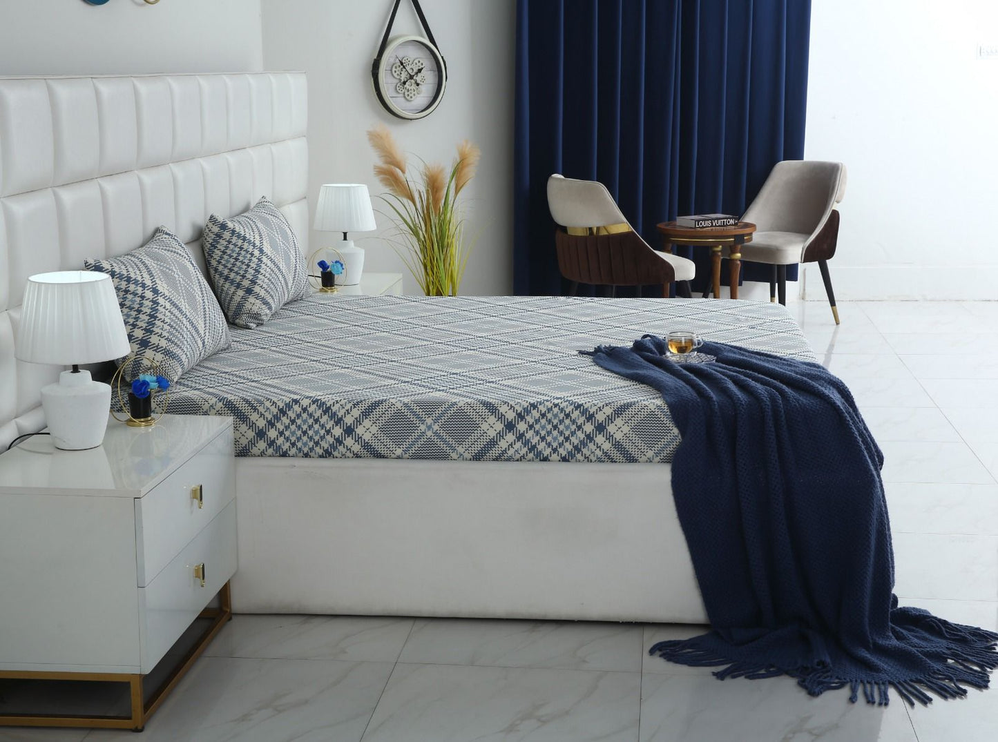 Fitted Bed Sheet-Blue Check(NEW) Fitted Sheets Apricot