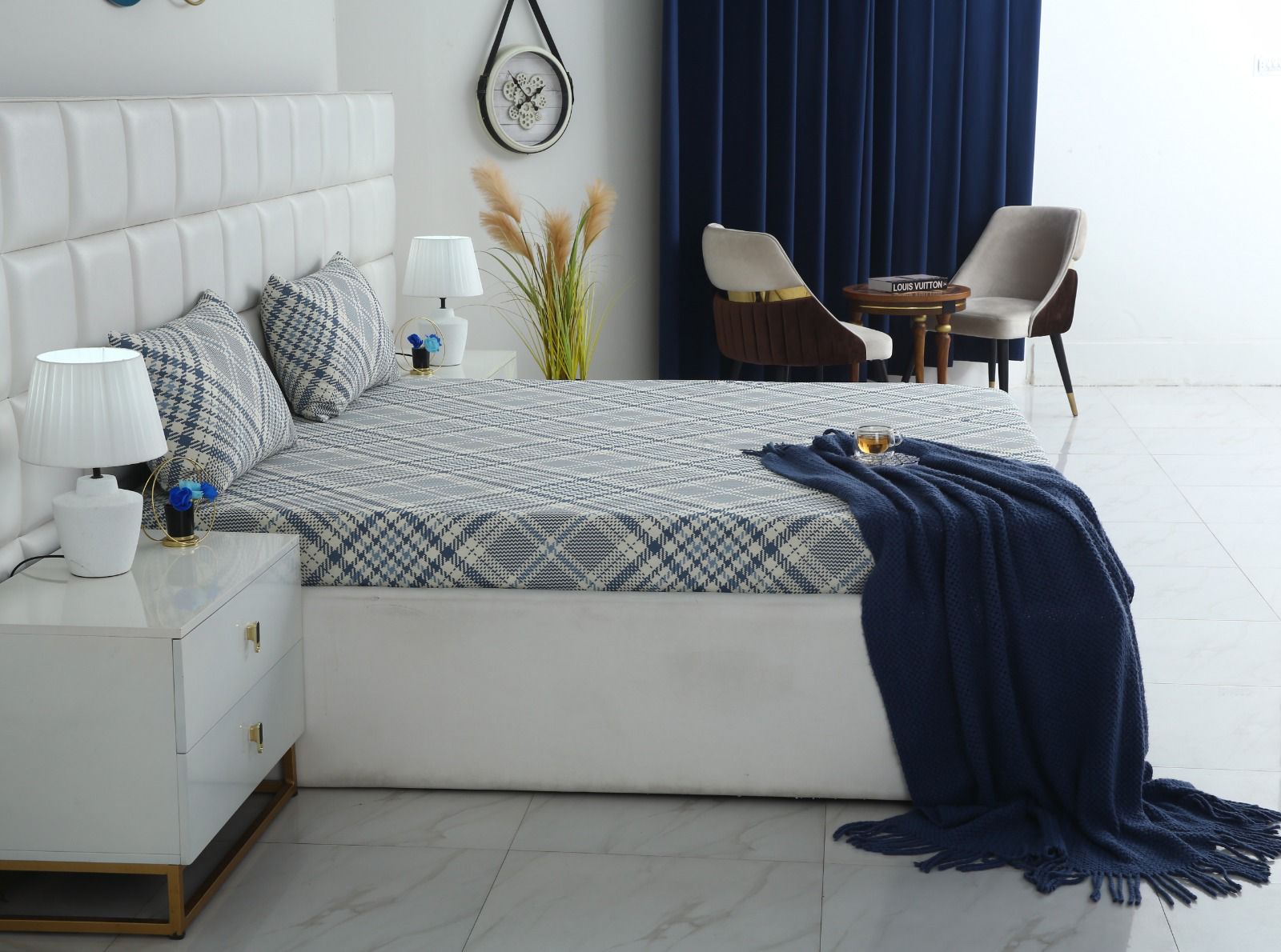 Fitted Bed Sheet-Blue Check(NEW) Fitted Sheets Apricot