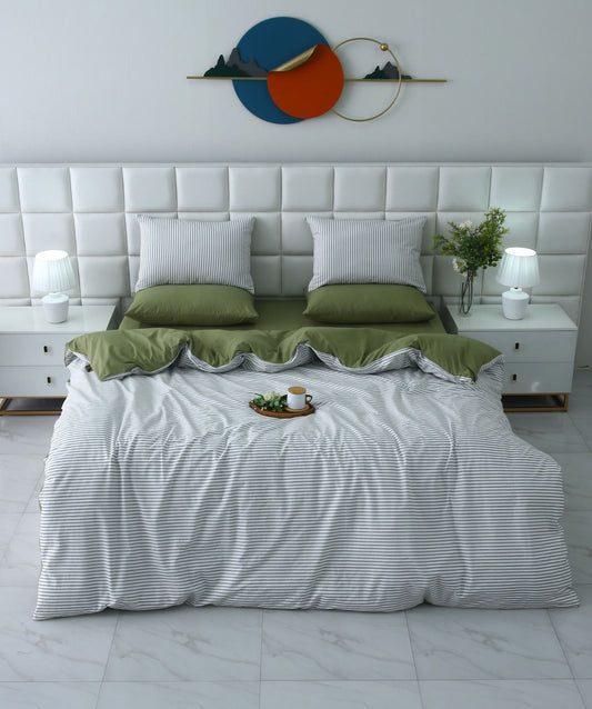 6 PCs Quilt Cover Set-Olive Stripes Duvet Cover Apricot
