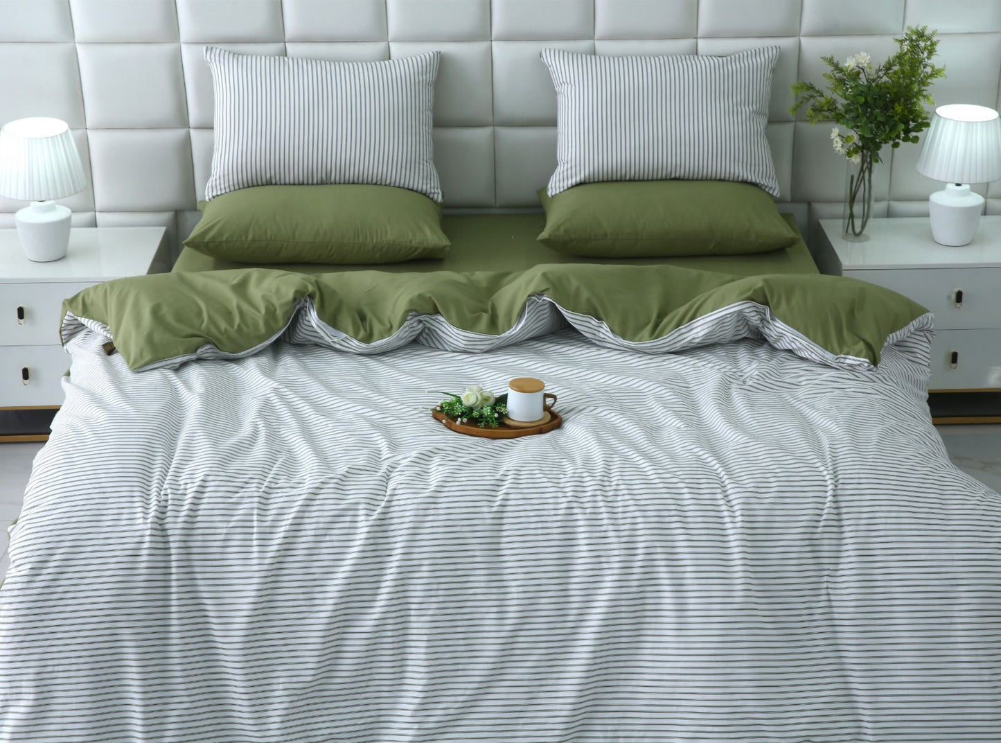 6 PCs Quilt Cover Set-Olive Stripes Duvet Cover Apricot