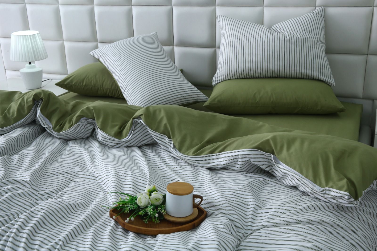 6 PCs Quilt Cover Set-Olive Stripes Duvet Cover Apricot