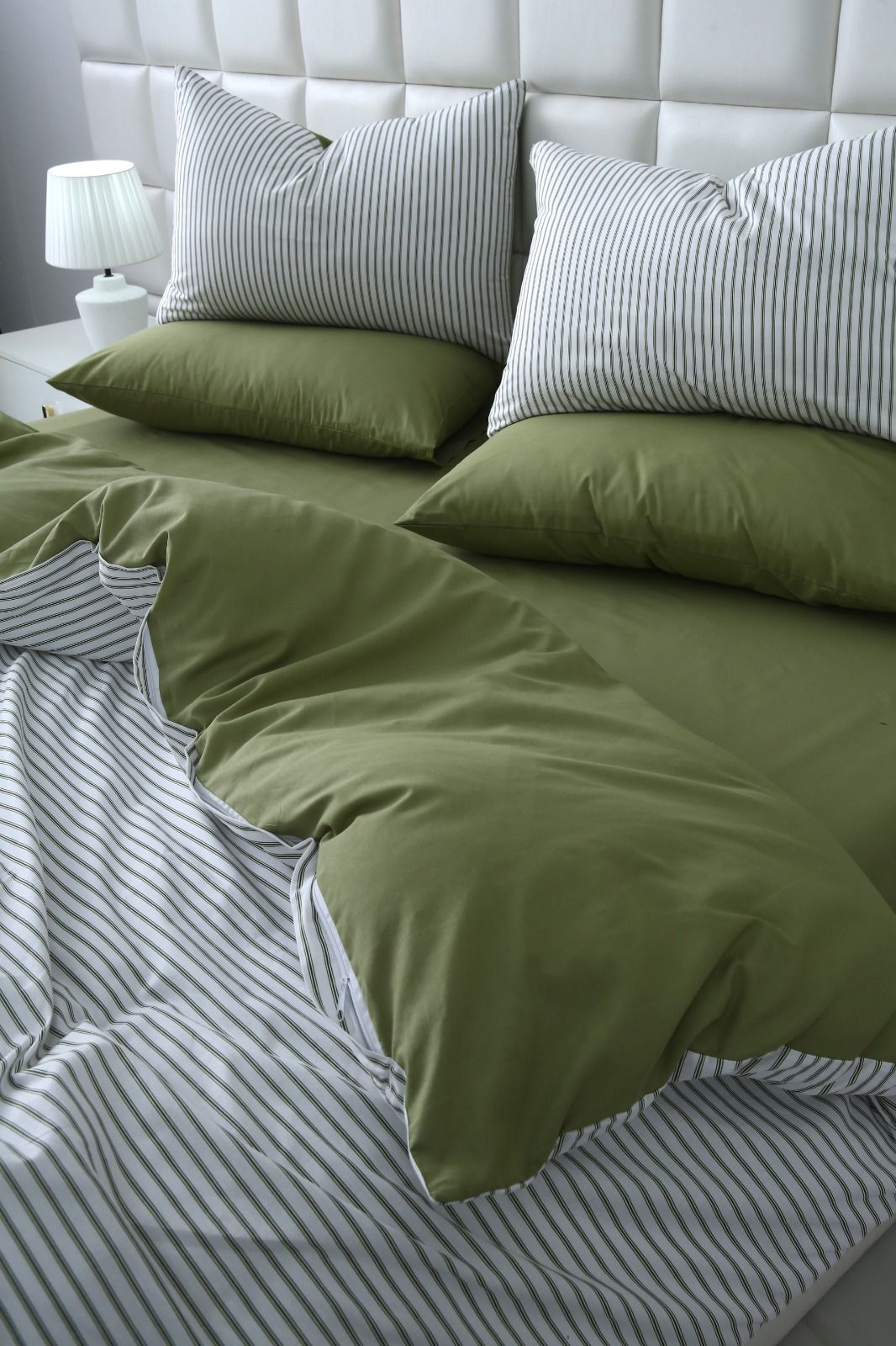 6 PCs Quilt Cover Set-Olive Stripes Duvet Cover Apricot