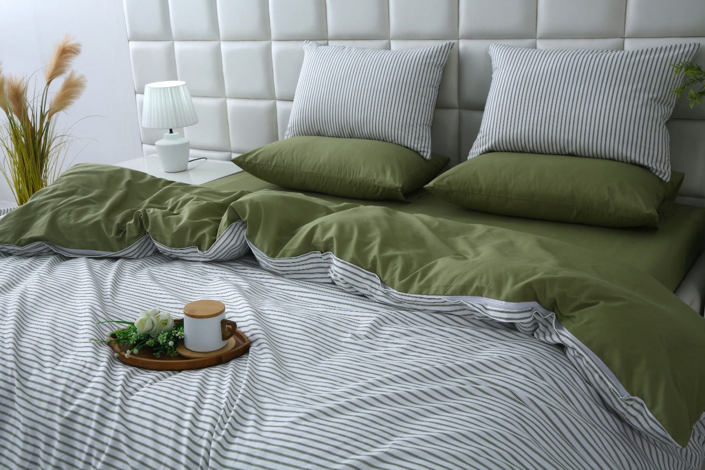 6 PCs Quilt Cover Set-Olive Stripes Duvet Cover Apricot