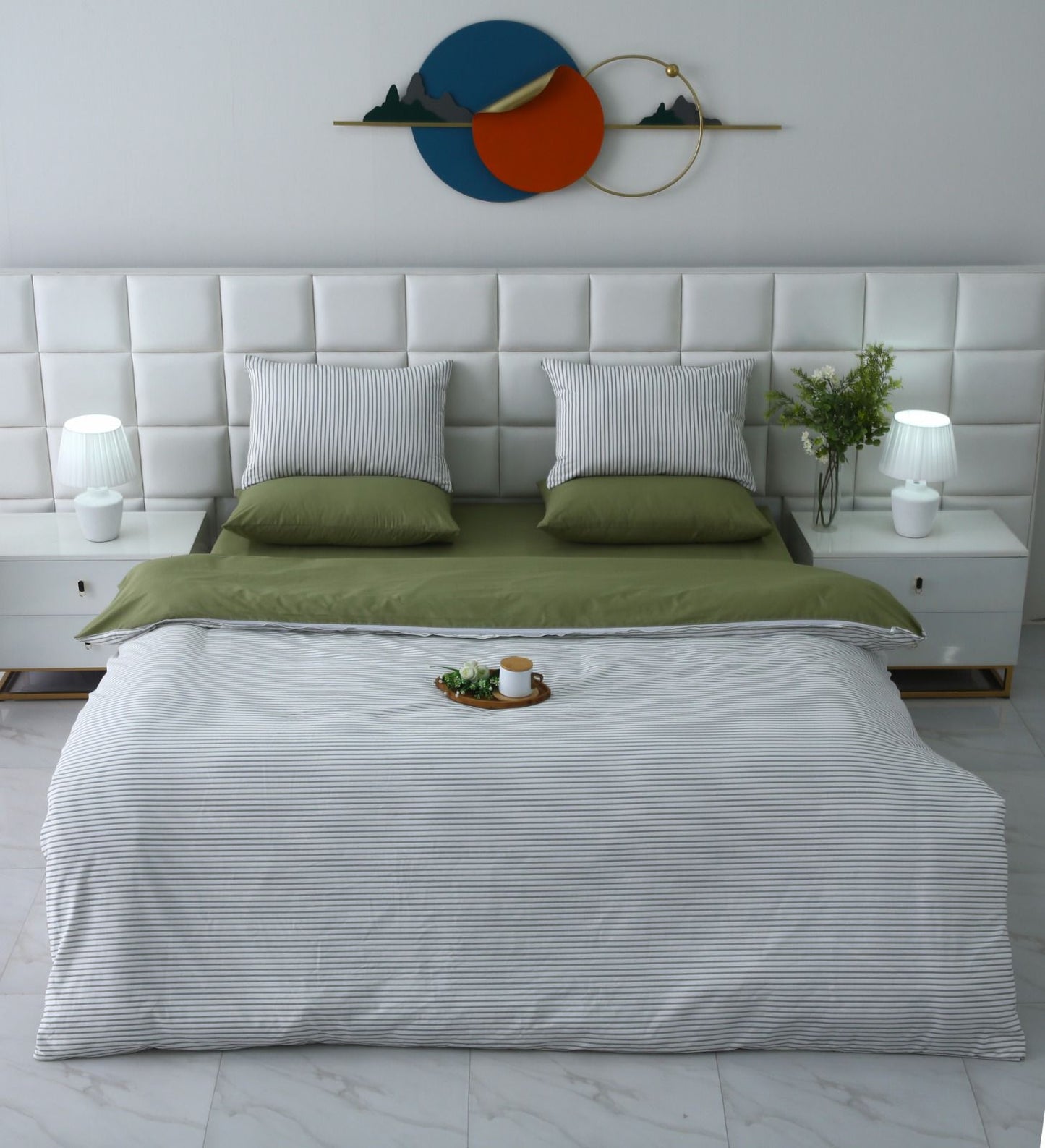 6 PCs Quilt Cover Set-Olive Stripes Duvet Cover Apricot