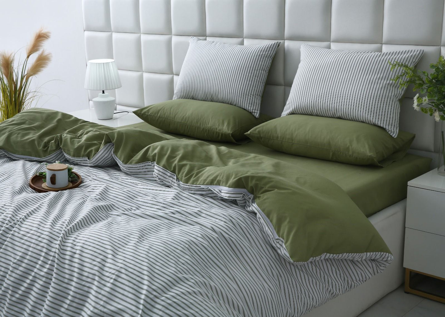 6 PCs Quilt Cover Set-Olive Stripes Duvet Cover Apricot