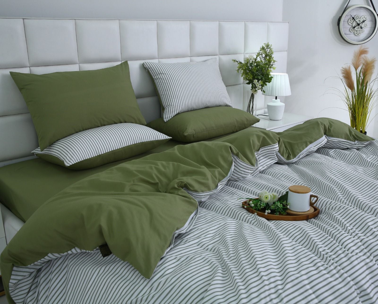 6 PCs Quilt Cover Set-Olive Stripes Duvet Cover Apricot