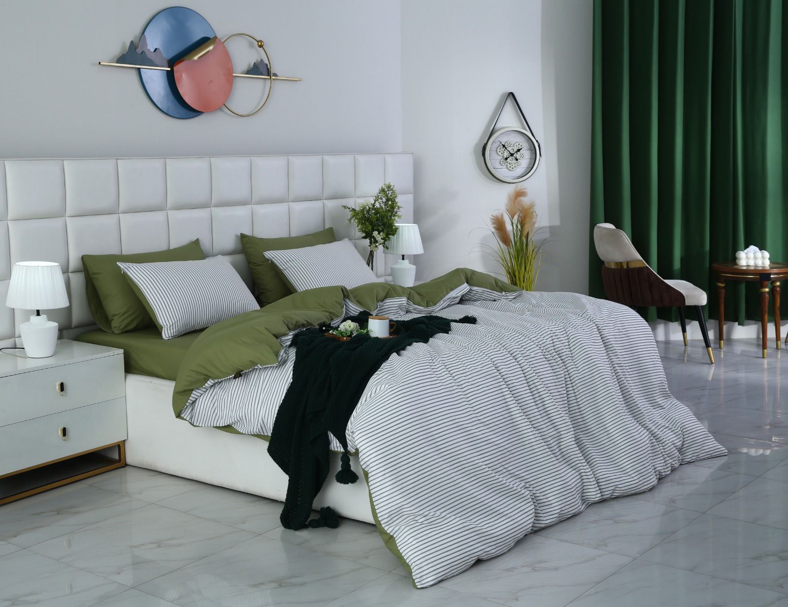 6 PCs Quilt Cover Set-Olive Stripes Duvet Cover Apricot