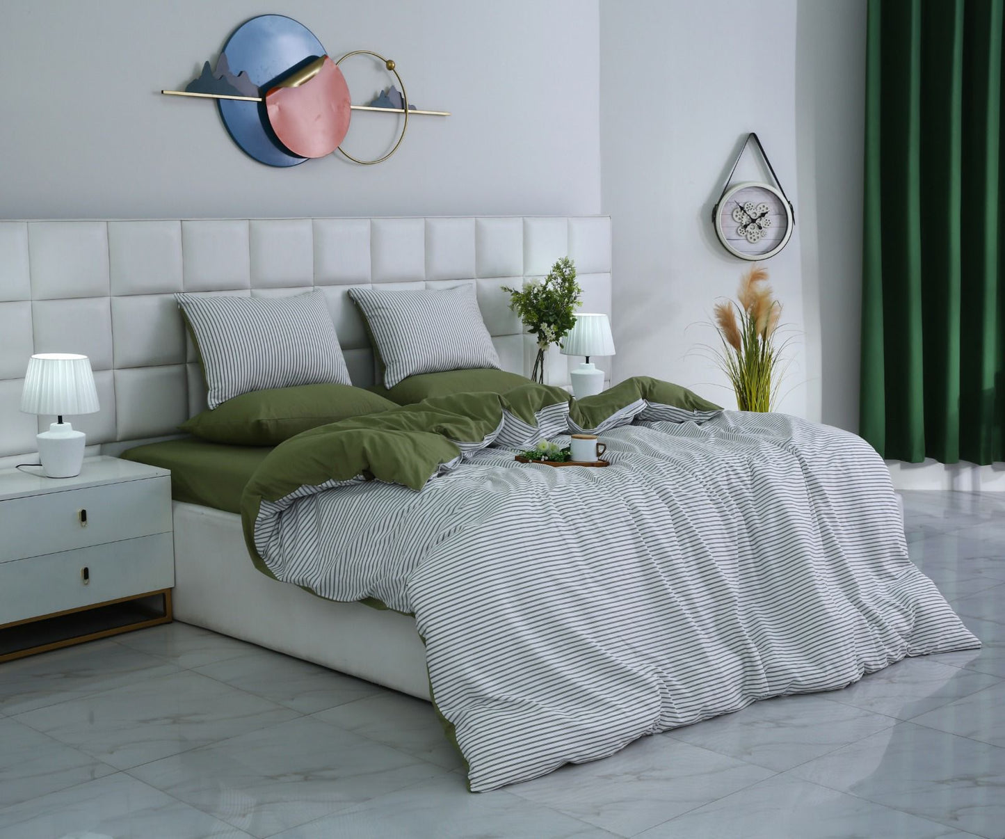 6 PCs Quilt Cover Set-Olive Stripes Duvet Cover Apricot