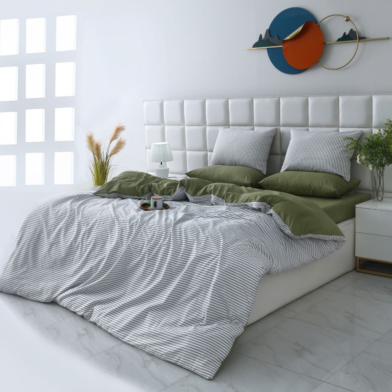 6 PCs Quilt Cover Set-Olive Stripes Duvet Cover Apricot