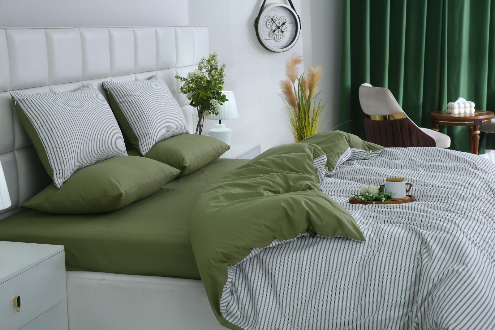 6 PCs Quilt Cover Set-Olive Stripes Duvet Cover Apricot