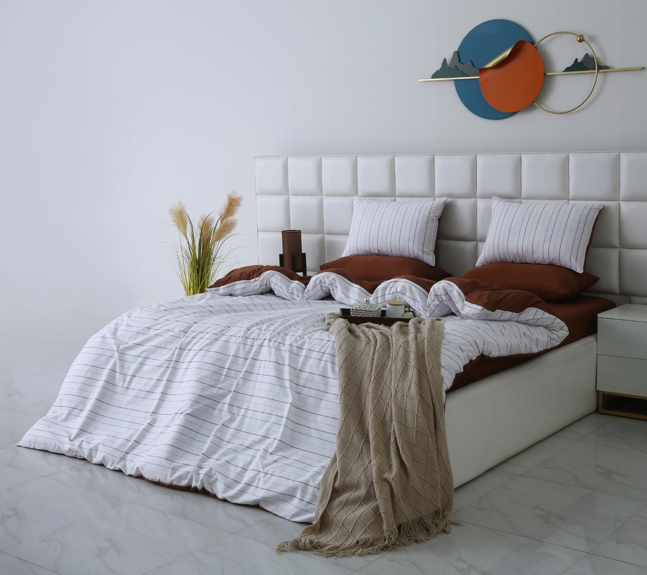 6 PCs Quilt Cover Set-Brown Stripes Duvet Cover Apricot