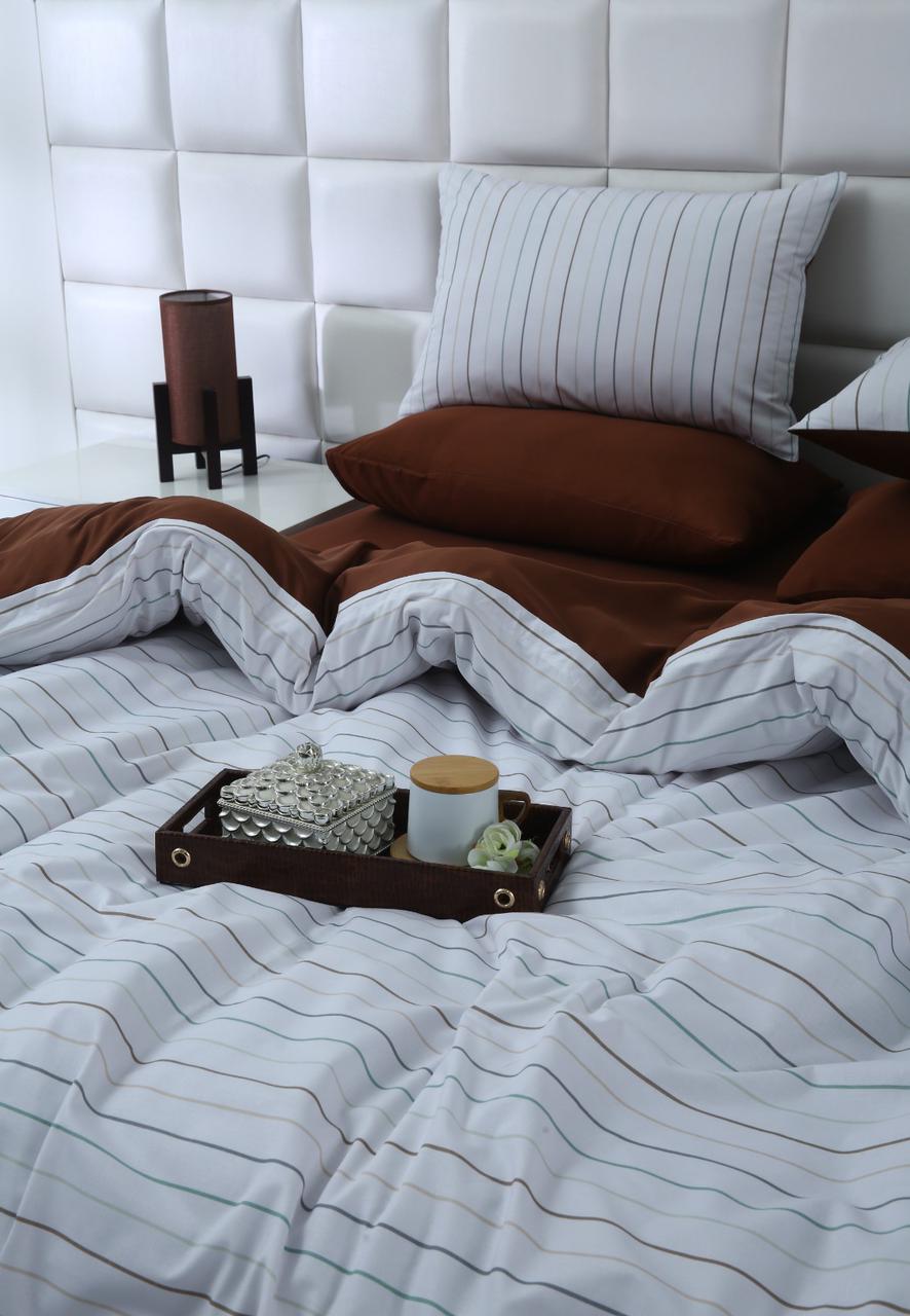 6 PCs Quilt Cover Set-Brown Stripes Duvet Cover Apricot