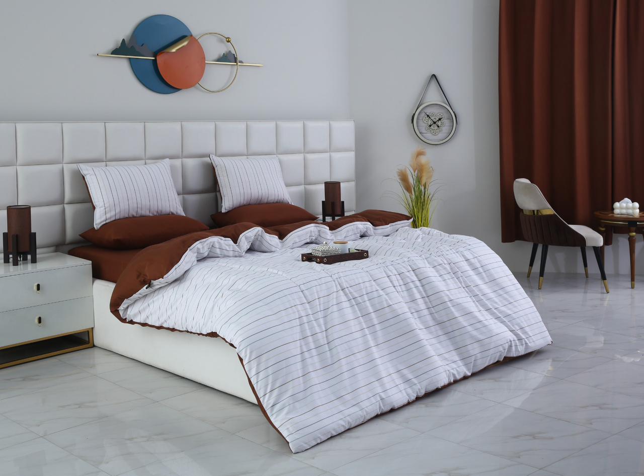 6 PCs Quilt Cover Set-Brown Stripes Duvet Cover Apricot