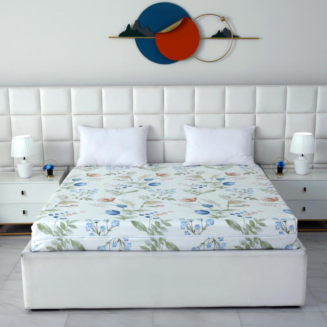 Zipper Mattress Cover Printed-Water Lilly Protectors Apricot