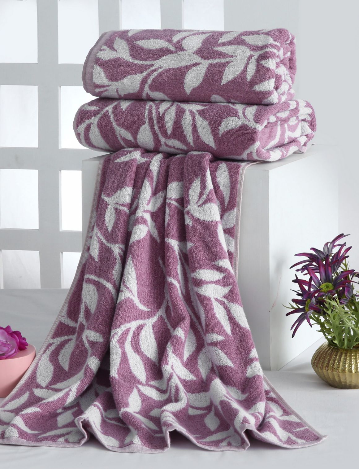 2 Pcs Bath Towels-Pastel Flower(Lilac) Bath Towels & Washcloths Apricot