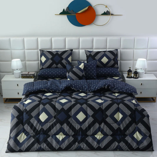 8 PCs Winter Razai Set-Black Art Comforters Apricot