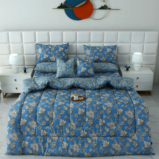 8 PCs Winter Razai Set-Blue Paisley Comforters Apricot