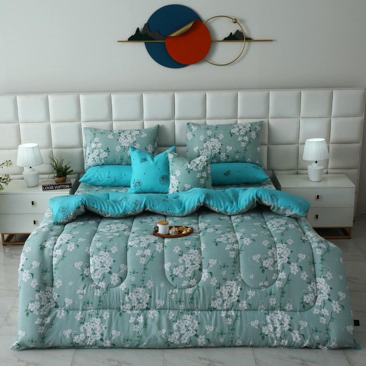 8 PCs Winter Razai Set-White Flowers Comforters Apricot