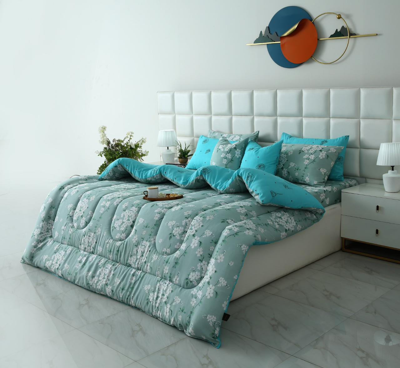 8 PCs Winter Razai Set-White Flowers Comforters Apricot