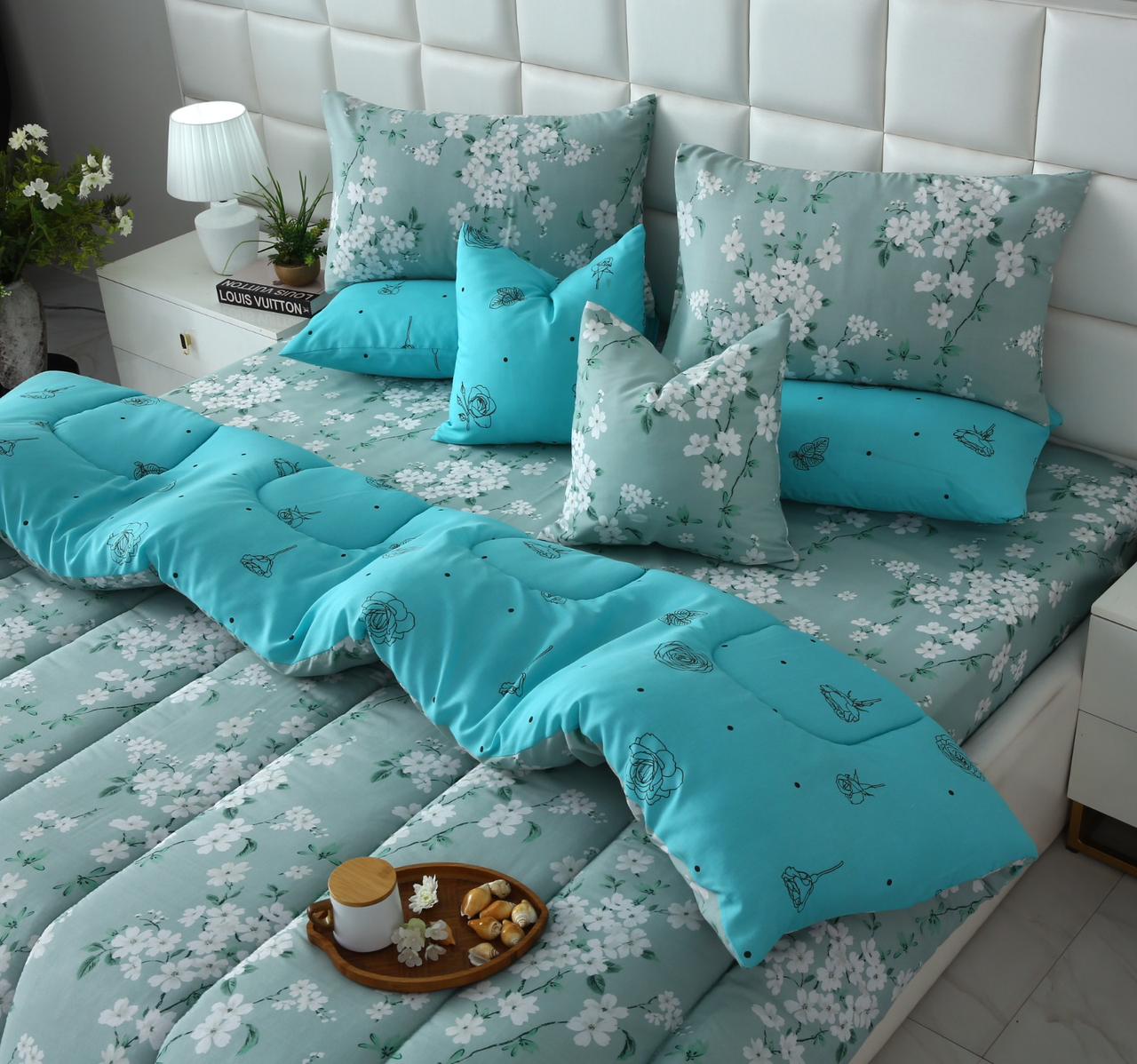 8 PCs Winter Razai Set-White Flowers Comforters Apricot
