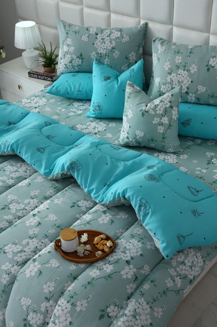 8 PCs Winter Razai Set-White Flowers Comforters Apricot