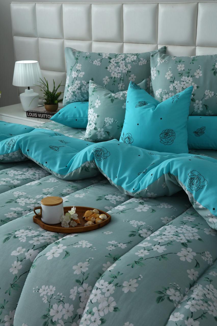 8 PCs Winter Razai Set-White Flowers Comforters Apricot