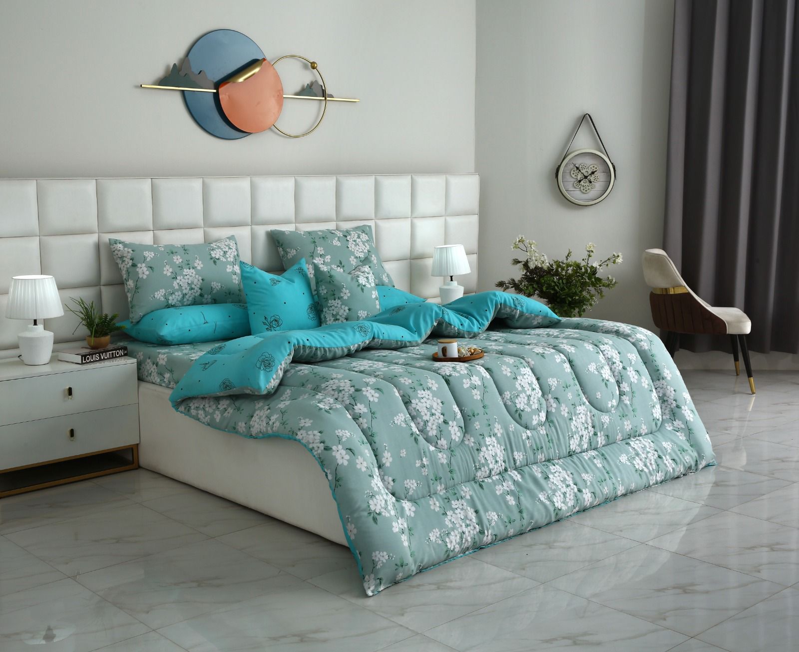 8 PCs Winter Razai Set-White Flowers Comforters Apricot