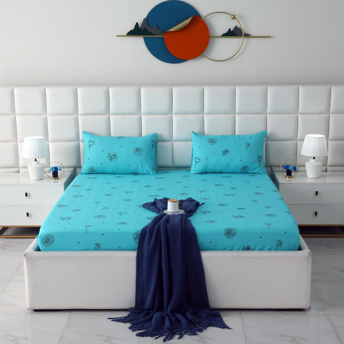 Fitted Bed Sheet-Aqua Abstract Flower Fitted Sheets Apricot