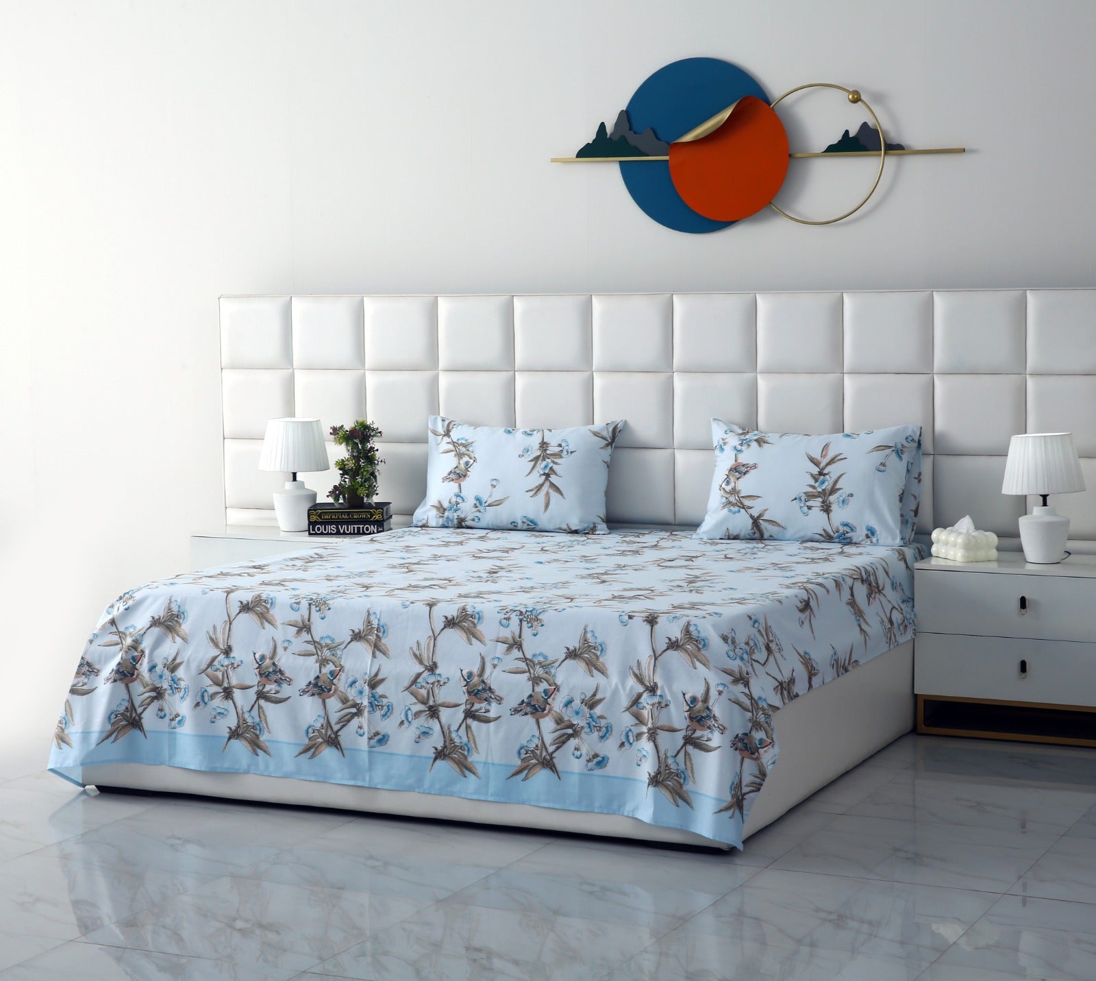 3 PCs Double Bed Sheet-Blue Birds Bed Sheets Apricot