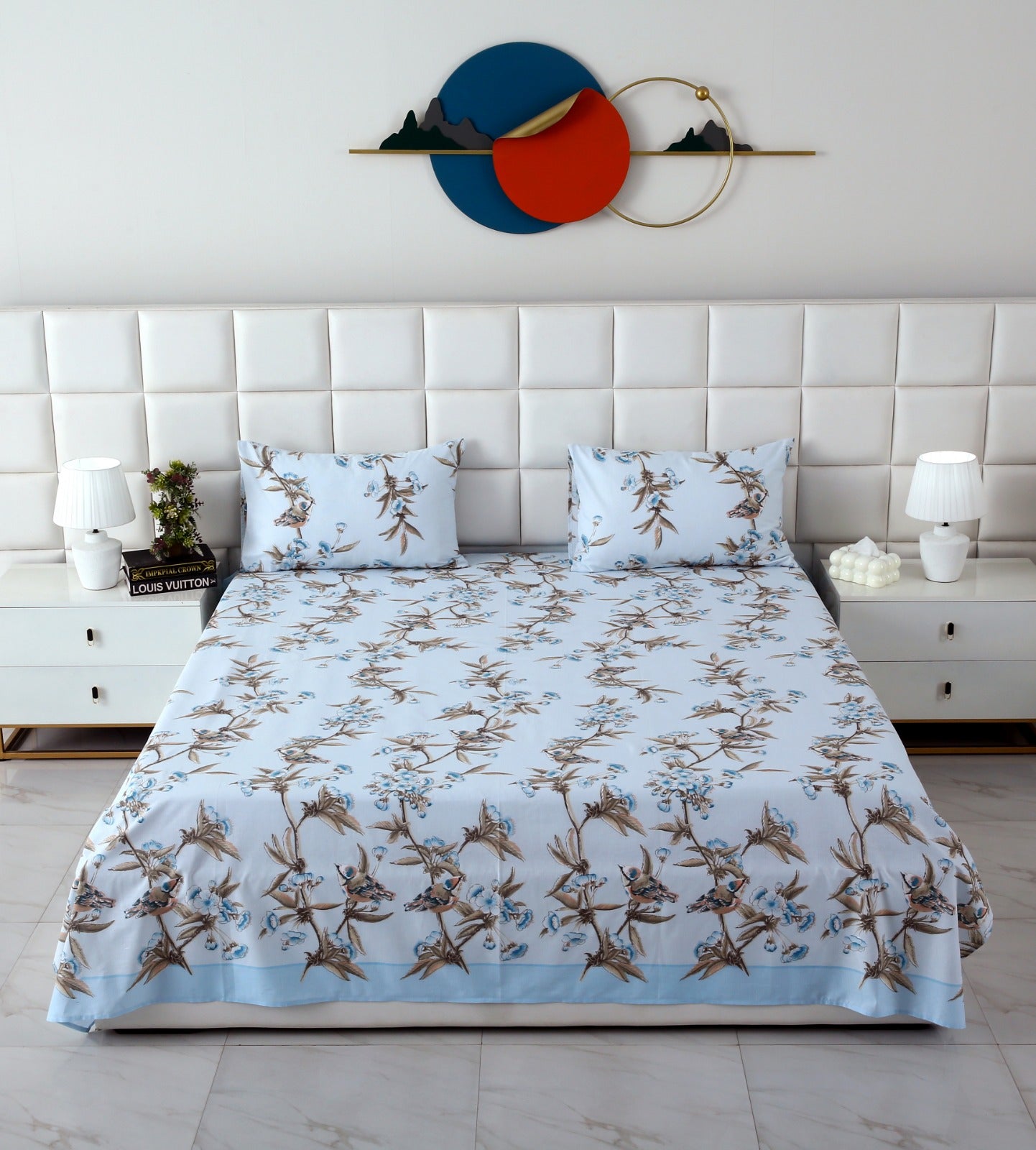 3 PCs Double Bed Sheet-Blue Birds Bed Sheets Apricot