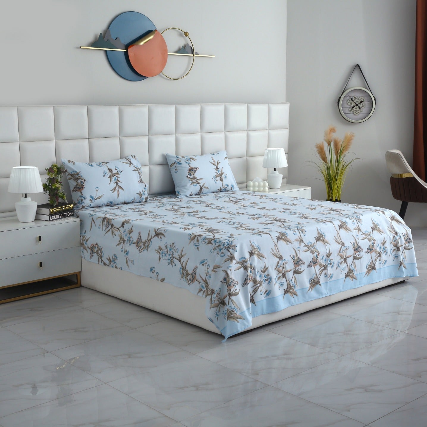 3 PCs Double Bed Sheet-Blue Birds Bed Sheets Apricot