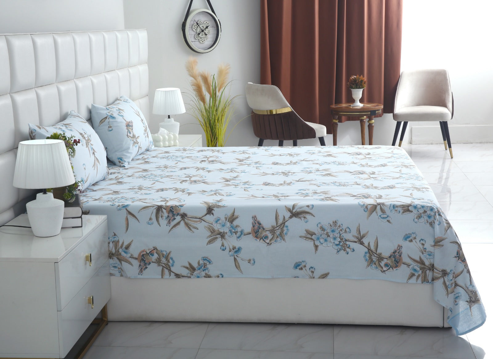 3 PCs Double Bed Sheet-Blue Birds Bed Sheets Apricot