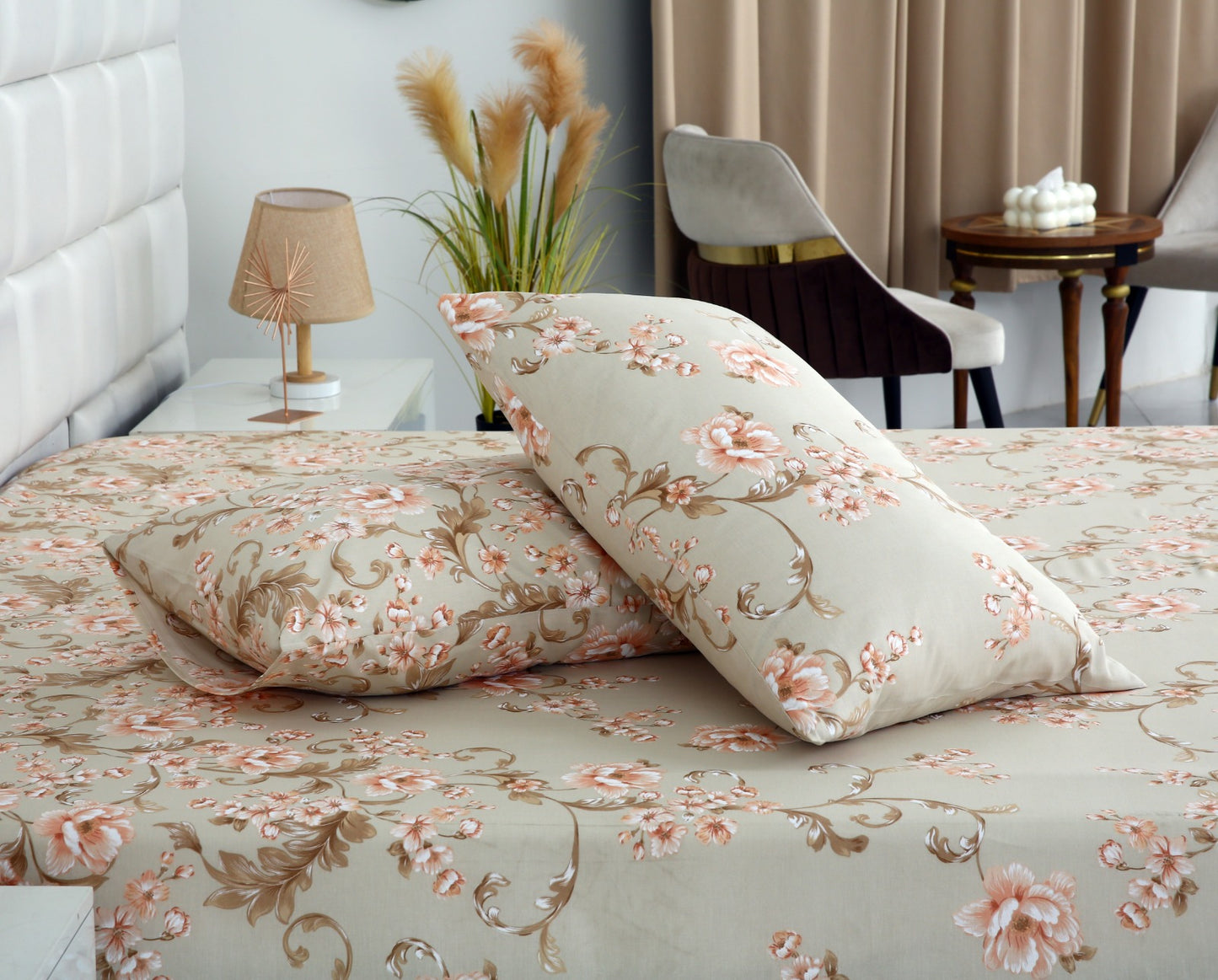 3 PCs Double Bed Sheet-DB247 Bed Sheets Apricot