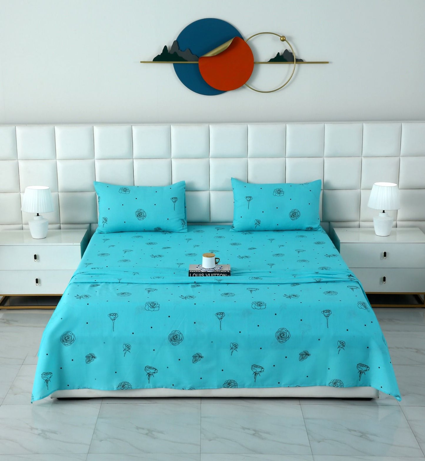 3 PCs Double Bed Sheet-Aqua Abstract Flower