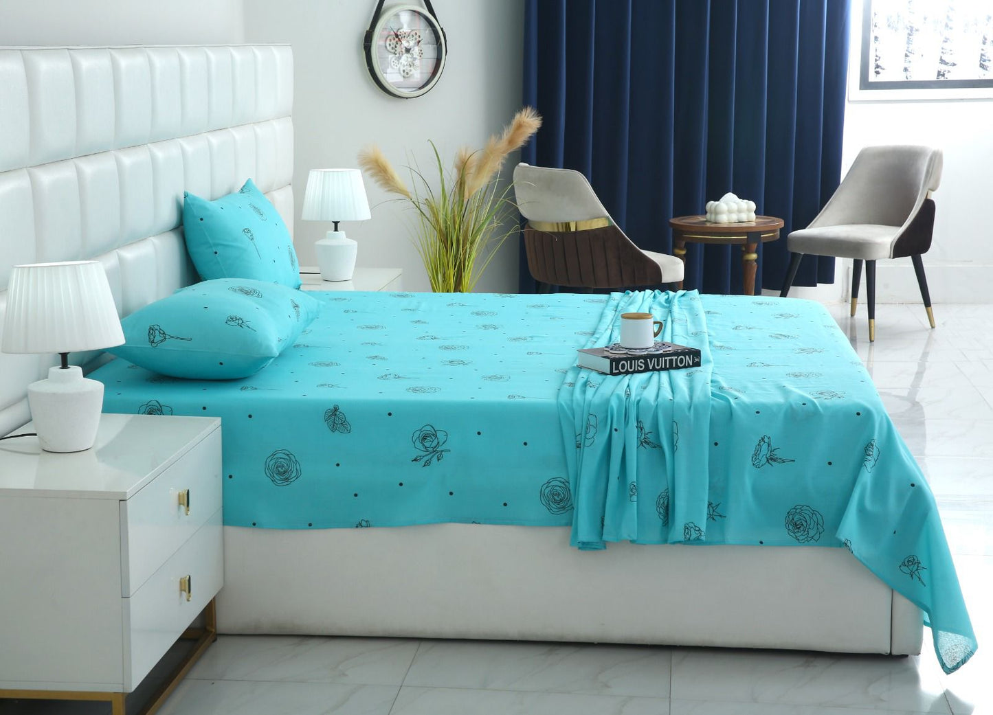 3 PCs Double Bed Sheet-Aqua Abstract Flower